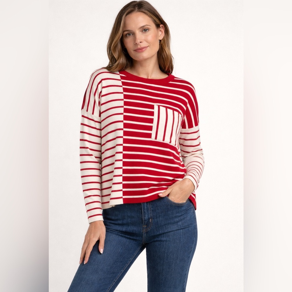 Cabi Striped Colorblock Sweater M Cotton Knit Pocket Long Sleeve Preppy